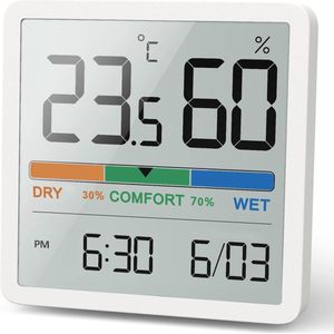 Digitale Thermo-Hygrometer voor Binnen - Nauwkeurige Temperatuur- en Vochtigheidsmeter met Klokfunctie en Grote LCD-Scherm