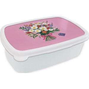 Broodtrommel Wit - Lunchbox Bloemen - Quote - Kaartje - Kleurrijk - Brooddoos 18x12x6 cm - Brood lunch box - Broodtrommels voor kinderen en volwassenen