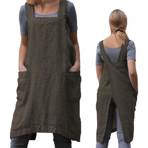 Schort met gekruiste rug voor vrouwen met zakken Japanse schort voor werk Tuinieren Koken Schilderen Bakken - Lengte: 37,5 inch / Borst: 37 inch - Legergroen