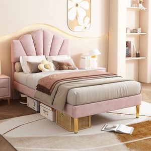90*200 cm Roze Fluwelen gestoffeerd bed, schelpachtig bed met gouden ijzeren poten, in hoogte verstelbaar hoofdeinde, houten lattenrost