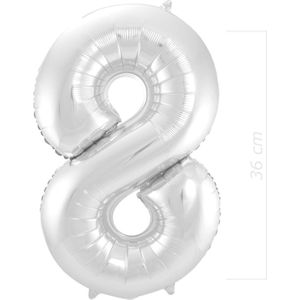 Ballon Cijfer 8 Jaar Zilver 36Cm Verjaardag Feestversiering Met Rietje