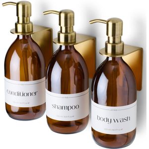 Zeepdispensers Wandmontage Amber Glazen Flessen + Roestvrij Staal Wandhouders | Set van 3 | 500ml | Gouden Pomp + Houder | Wit Etiket | Shampoo, Conditioner, Body Wash | Zeeppomp |
