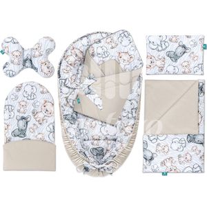 Lantigo 6-delig babynest set voor pasgeborenen, baby nestje, babykussen, babydeken, babyhoorntje, eerste babyuitrusting - 100% katoen, 95×55 cm - Safari met cappuccino fluweel