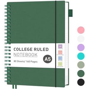 A5 Notitieboek, Gelinieerd, Lichtgewicht, Ringband Dagboek met 160 Vellen, 100 g/m² Papier - Donkergroen