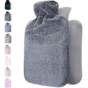 Hot Water Bottle met Zacht Premium Pluche Hoes - 2 L Fles - Warmwaterkruik voor Pijnverlichting bij Rug-, Nek- en Schouderklachten - Geweldig Cadeau voor Vrouwen en Kinderen ( Donkergrijs )