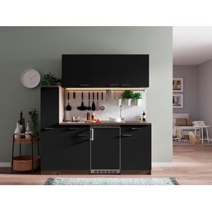 Complete kleine keuken met apparatuur Oliver - Goedkope keuken 180 cm - Donker eiken/Zwart - keramische kookplaat - koelkast - mini keuken - compacte keuken - keukenblok met apparatuur