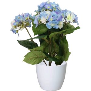 Hortensia kunstplant met bloemen blauw - in pot wit - 40 cm hoog