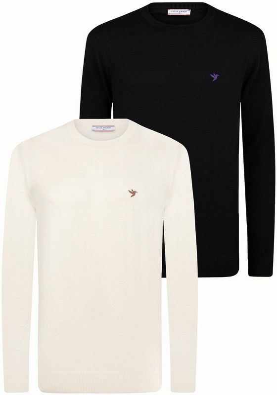 Felix Hardy - Classic Crew Neck Knit Sweater - Ecru-Zwart - 2 Pack Heren