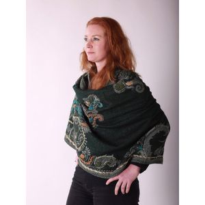 1001musthaves.com Geborduurde wollen dames sjaal in donker dennen groen 70 x 180 cm