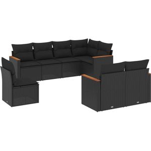 vidaXL - 8-delige - Loungeset - met - kussens - poly - rattan - zwart