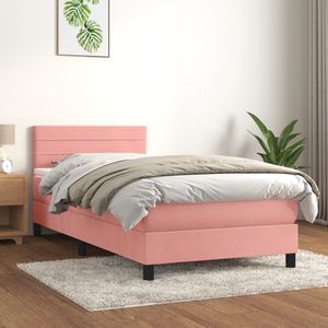 vidaXL Boxspring - Fluweel - Roze - 100x200 cm Boxspringbed - Fluweel Bed - Hoofdboard Bed - Pocketveer Matras - Middelhard Matras - Rosé Bed