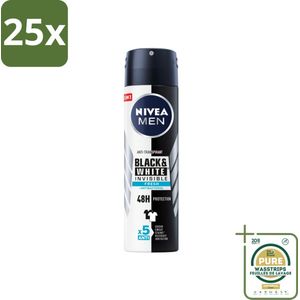 25 x NIVEA Men Deodorant Spray Invisible for Black & White Fresh 150 ml - Grootverpakking - Deodorant Spray - Anti-Transpirant - Zweetbehandeling - Witte Strepen - Gele Vlekken