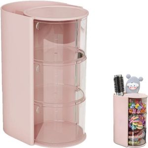 1 artikel - Haaraccessoires organizer - Draaibare make-upkwastenhouder - Draaibare sieraden organizer - Bureau organizer - Stofdicht - 3 lades - Voor oorbellen, ringen, make-upkwasten en haaraccessoires - Roze - Plaats op de make up tafel