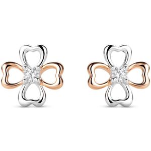 Miore - Klaver Oorbellen Knopjes met Zirkonen - Verguld - Gold Filled - Kleur Roosgoud en Zilver - allergeenvrij - Oorhangers - Handgemaakte Sieraden
