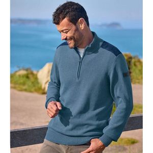 ATLAS FOR MEN - Blauwe, katoenen trui met schipperskraag - Heren - Verkrijgbaar in grote maten - L