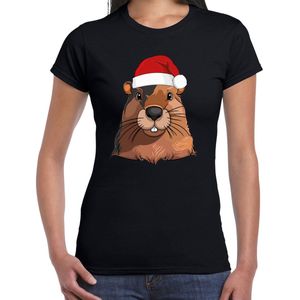 Bellatio Decorations Kerst T-shirt voor dames - (familie) Bever met kerstmuts - zwart - Kerstfeest XS