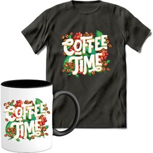 T-Shirtknaller T-Shirt met Koffiemok | Coffe Time - Koffie Kleding | Heren / Dames Shirt met Mok Cadeau | Kleur grijs | Maat XXL