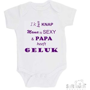 100% katoenen Romper "Ik ben knap Mama is SEXY & Papa heeft GELUK" Meisjes Katoen Wit/paars Maat 62/68