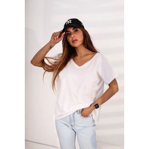 Dames T-shirt wit-oversized-dubbele V-hals voor en achter-katoen & elastaan-maat XS/S