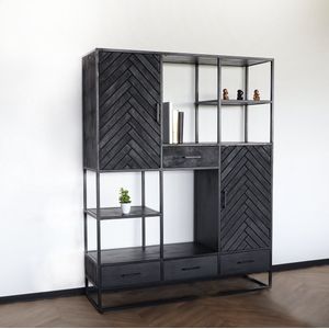 Kast industrieel mangohout Lio zwart mango hout wandkast 180cm visgraat vakkenkast mango duurzaam