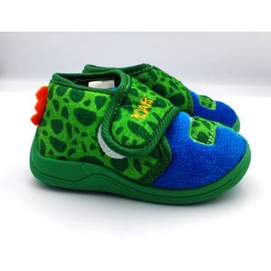 Jongens baby / peuter / kleuter dinosaurus pantoffels – zeer zachte sloffen – groen met blauw en dino op de tip, tekst ROAR op sluiting – sterke antislip – instappers met velcro sluiting - maat 19