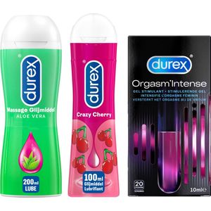 Durex - 2 Glijmiddelen en 1 Stimulerende gel - Voor Een Sensuele Aanraking - Waterbasis - Crazy Cherry met Smaak 100ml - Massage Aloe Vera 2 in 1 200ml - Orgasm Intense Stimulerende Glijmiddel 10ml