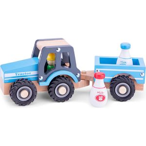 New Classic Toys - Houten Tractor met Aanhanger en Melkbussen - Blauw - Speelgoedvoertuig