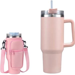 Elite RVS Drinkbeker / Travelcup / Thermosbeker | Travel Mug | Thermoscup / Thermoskan | Drinkfles | Incl. Tas & Rietje - Roze