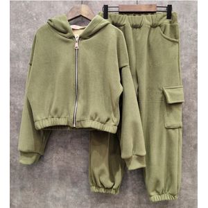 Joggingpak meisjes 2-delig – Vest met Capuchon & Joggingbroek – Zachte Fleece – Maat 98/104 – Kleur Kaki - Topkwaliteit