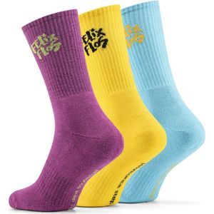 Felix Flos Color Pop – 3 -Pack - Maat 35-38 - Geel, Roze & Turquise Sportsokken – Dames/Heren – Katoen – Schokdempend, Naadloos & Compressiezone