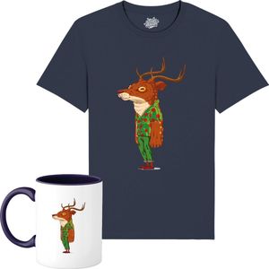 Kris het Kerst Hert - Foute Kersttrui Kerstcadeau - Dames / Heren / Unisex Kleding - Grappige Kerst Avond Outfit - Unisex T-Shirt met mok - Navy Blauw - Maat XL