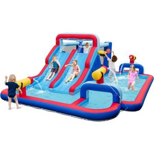COSTWAY Opblaasbaar waterglijpark, groot springkasteel met 2 lange glijbanen, kinderbadje, springgebied en 3 waterkanonnen, speelcentrum, 644 x 405 x 210 cm