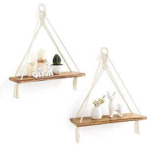 Macrame hangende planken set van 2 rustiek houten drijvende opbergplank voor slaapkamer badkamer woonkamer kinderkamer slaapzaal display rekken voor hangende planten foto's. hexagon shelves