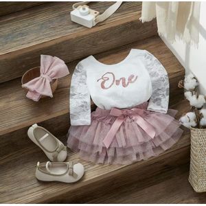 Verjaardag Outfit Baby 1 Jaar - Lang - Birthday Dress - Maat: 80/86 - Eerste Verjaardag - Romper & Tutu Luier - Verjaardagsjurk - Jurk voor Eerste Verjaardag - Baby 1 Jaar Jurk - Kleur: Roze & Goud - Hoera 1 Jaar! - Verjaardag Dochter - Cakesmash -