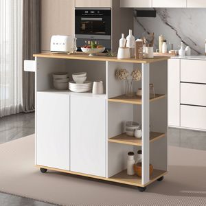 Sweiko Multifunctionele Eetwagen, Dressoir, 360° Roterende Massieve Houtdeeltjes met remwielen,Wit, twee deurplanken, magnetron ruimte, geschikt voor keuken en restaurant, L105xB38xH84cm