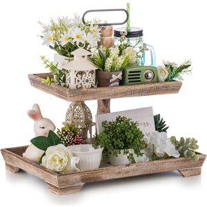 TheLau ® Stijlvol Houten Decoratief Dienblad met Twee Niveaus voor Elke Gelegenheid en Ruimtebesparing