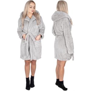 Springos Badjas - Fleece - Lichtgrijs - Capuchon - Riem - Maat S/M