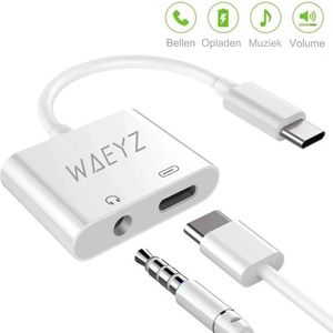 Waeyz usb c aux adapter 10W 2-1 usb c audio splitter met usbc en jack 3.5mm ingang - Audiokabel voor muziek luisteren| Bellen| Opladen| Volumeregeling - Geschikt voor Apple iPhone 15 en Android smartphone