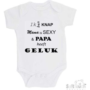 100% katoenen Romper ""Ik ben knap Mama is SEXY & Papa heeft GELUK"" Unisex Katoen Wit/zwart Maat 56/62
