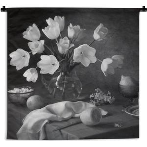 Wandkleed - Wanddoek - Stilleven - Bloemen - Zwart - Wit - 60x60 cm - Wandtapijt