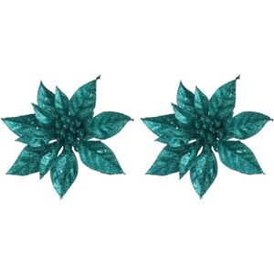 5x Kerstboomversiering op clip emerald groene bloem 15 cm - emerald groene kerstversieringen