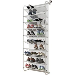 0 Schoenenrek voor boven de deur, schoenenorganizer, hangend schoenenrek, sterke metalen haken voor closet pantry (wit, 56 x 21 x 151 cm)