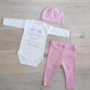 Baby Meisjes Setje 3-delig cadeau geboorte newborn | maat 50-56 | roze mutsje roze broekje en wit  romper lange mouw tekst zilver of ik superman ken je bedoelt gewoon mijn papa | Bodysuit | Huispakje | Kraamkado | Gift Set