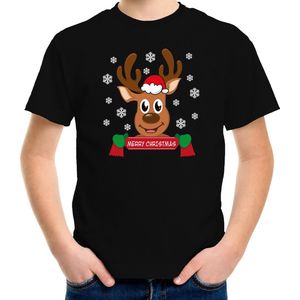 Bellatio Decorations kerst t-shirt voor kinderen - Merry Christmas - rendier - zwart - Kerstdiner 140/152