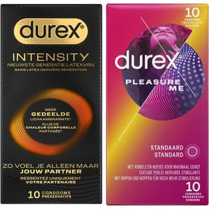 Durex - 20 stuks Condooms - Intensity 10st Nieuwste generatie ultradun, gedeelde lichaamswarmte - Pleasure Me 10st met ribbels - Voordeelverpakking