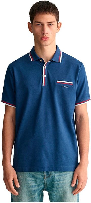 GANT - Polo - Katoen - Blauw - Regular Fit - Borstzak