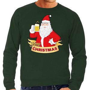Foute Kersttrui / sweater - Merry Christmas kerstman met een pul bier / biertje - groen voor heren - kerstkleding / kerst outfit L
