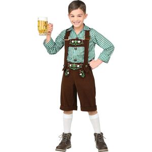 Widmann - Boeren Tirol & Oktoberfest Kostuum - Bruine Lederhosen Met Shirt Jong Geleerd Bierfeest - Jongen - Groen, Bruin - Maat 158 - Bierfeest - Verkleedkleding