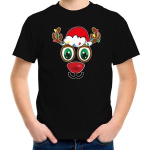 Bellatio Decorations kerst t-shirt voor kinderen - Rudolf gezicht - rendier - zwart - Kerstdiner 104/110