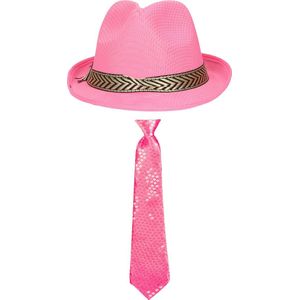 Toppers in concert - Carnaval verkleedset Classic - hoed en stropdas - roze - heren/dames - verkleedkleding accessoires